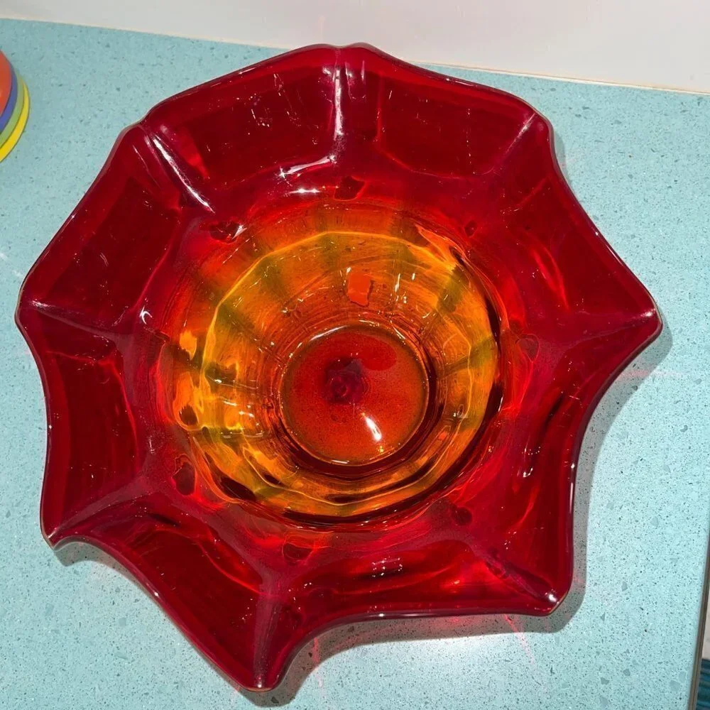 Blenko Vintage Amberina Ruffle Bowl Red Size Large Mid Century Modern MCM Orange